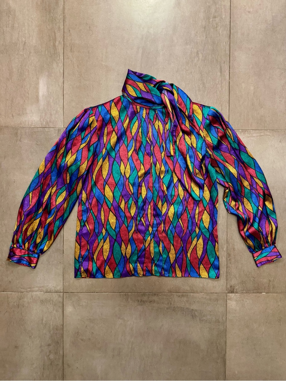Vintage 80s Anne Klein Harlequin Print Long-Sleeve Statement Blouse, Size 10